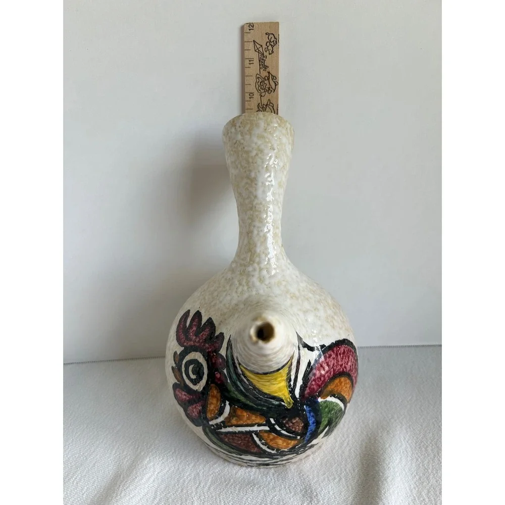 Mid‎ Century Modern Italian Pottery Vase Rooster Motif Textured Glaze Handmade